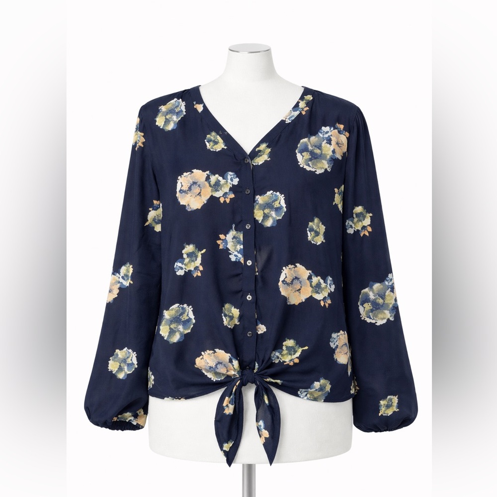 Lush Floral Tie-Neck Blouse | Sheer Black Watercolor Print | Size M